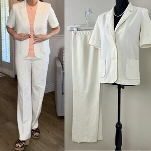 Retro Power Suit Vintage 70s Wide Leg Pantsuit Short Sleeve Jacket Set White
